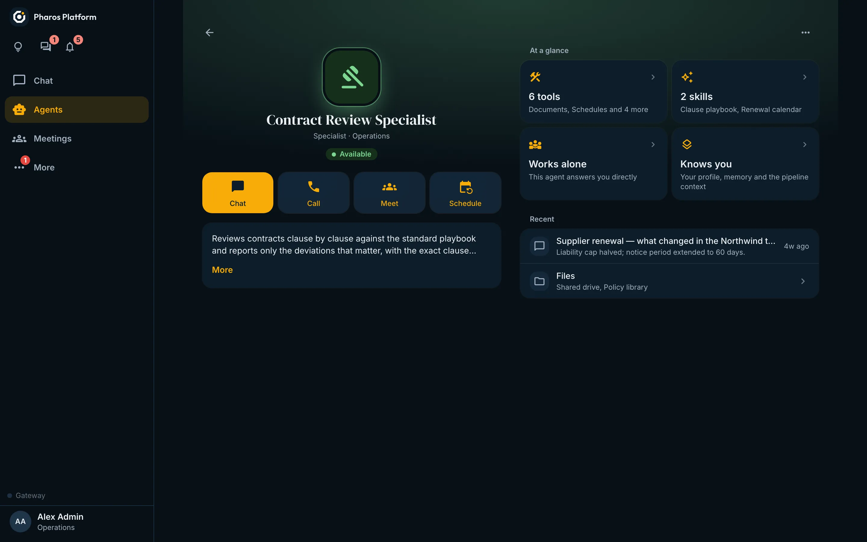 The profile of a contract review agent, with Chat, Call, Meet and Schedule actions and tiles for its tools, skills, colleagues and memory.