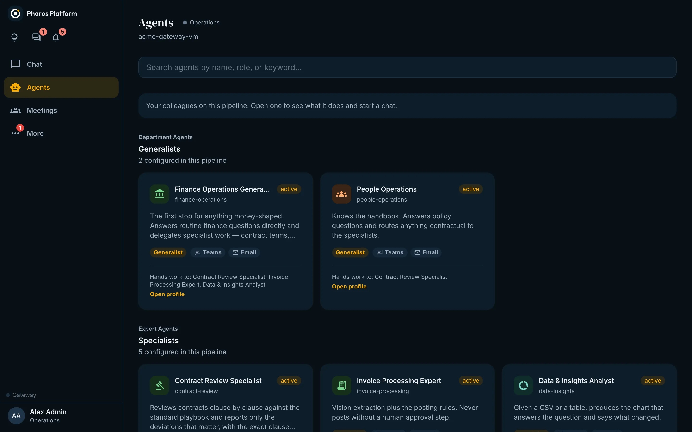 The agents list for a space, showing generalist and specialist agents with their roles and channels.