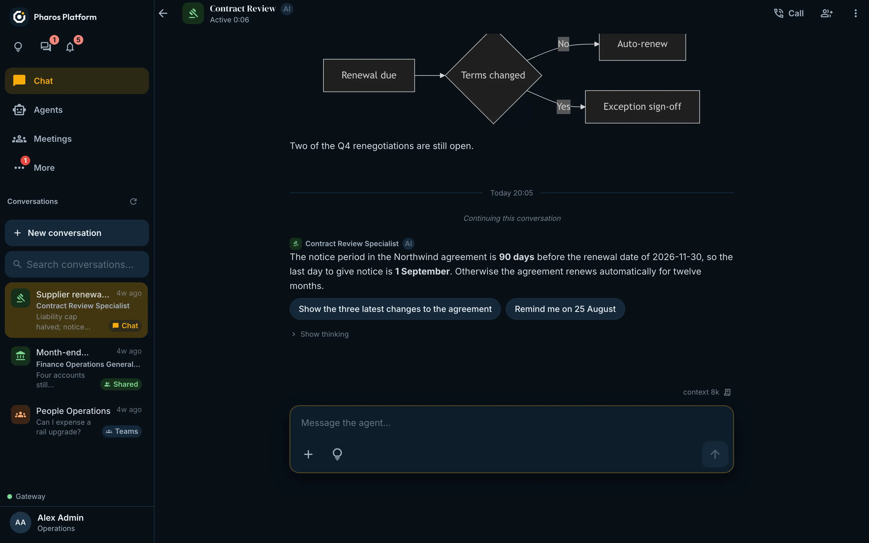 A conversation with a contract review agent on the desktop, answering a notice-period question and offering two follow-up questions.