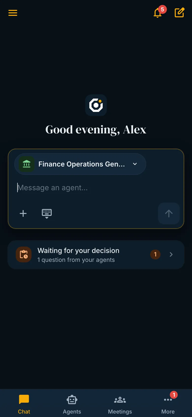The chat home on a phone, with a greeting, the message box and one decision waiting.